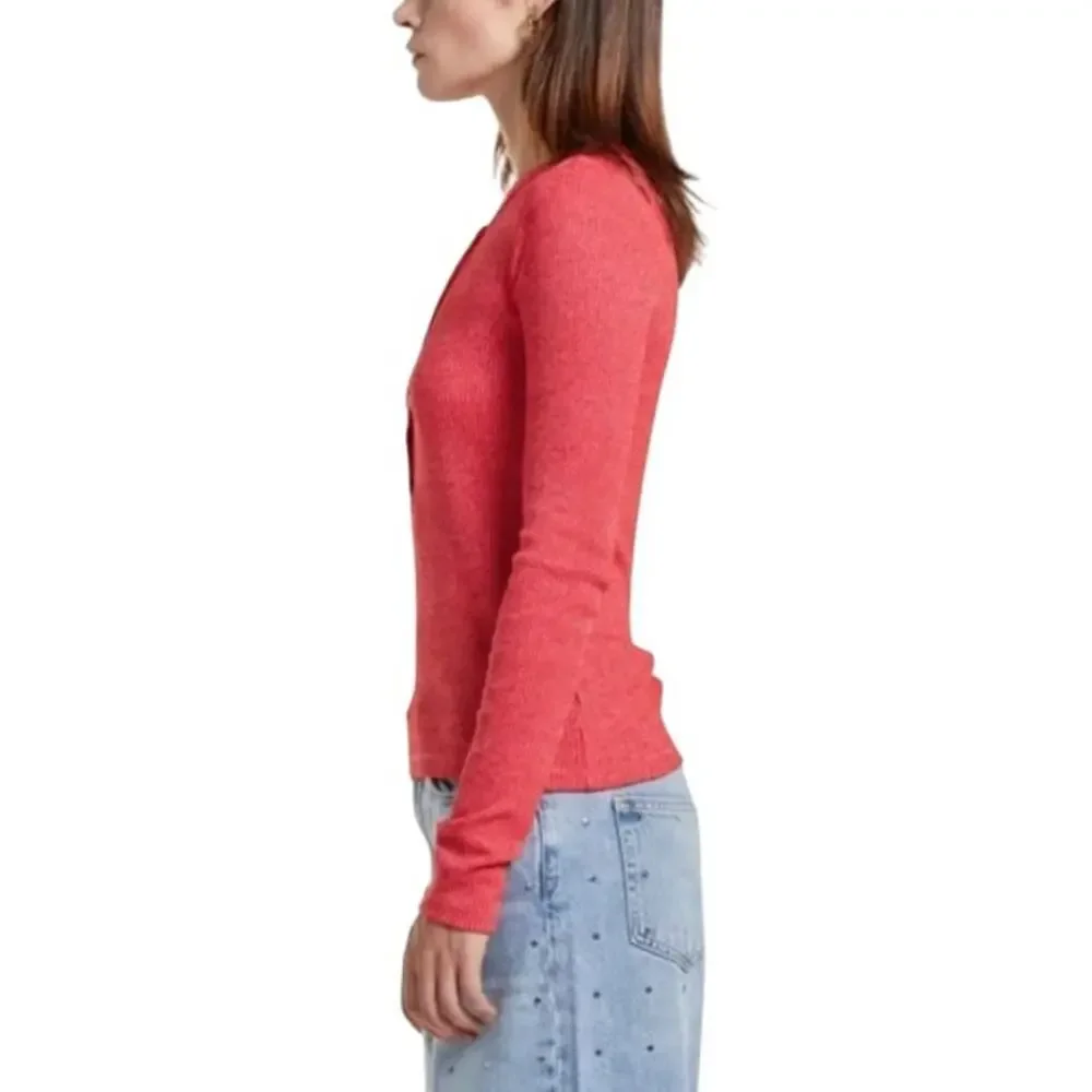 Rag & Bone Pink Marled Red The Knit Ribbed Henley Long Sleeve Top